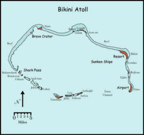 bikini atoll tests. Above map of Bikini Atoll